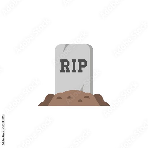 Illustration of a tombstone with the letters RIP on it, set in a mound of dirt.