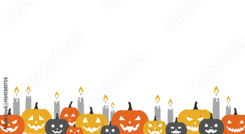 A festive Halloween border featuring a row of carved pumpkins and lit candles on a white background.