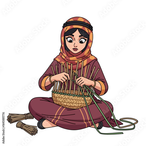 Cartoon of a focused woman in traditional Middle Eastern attire weaving a handmade wicker basket.