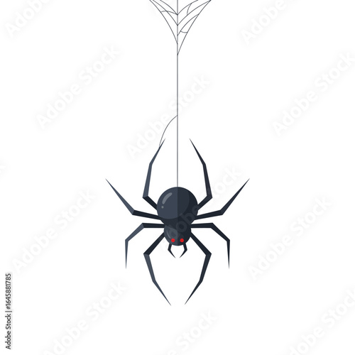 Illustration of a black spider hanging from a web with red eyes.