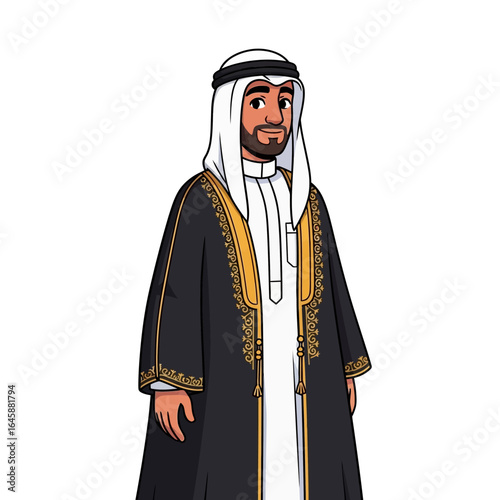 Cartoon of a smiling Arab man in a black bisht with gold embroidery, a white thobe, and a ghutra.