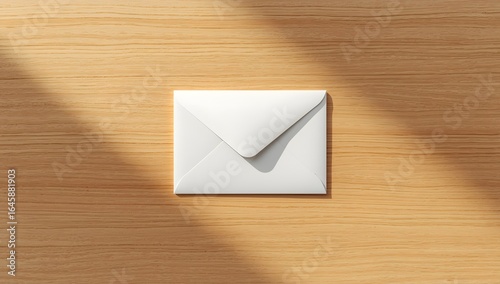 Minimalist white envelope on wooden surface, expressing simplicity and communication under soft lighting.