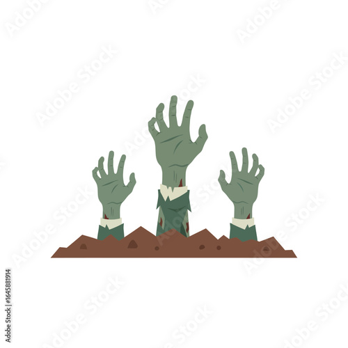 Three green zombie hands reaching out of the dirt, symbolizing horror and Halloween.