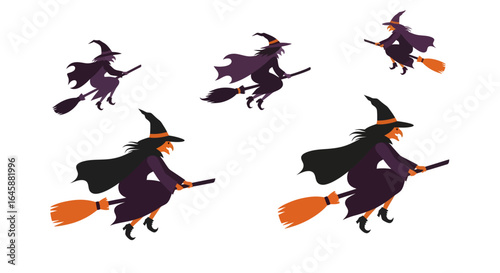 A group of witches flying on their brooms at night, depicted in a stylized graphic illustration with purple and orange accents.