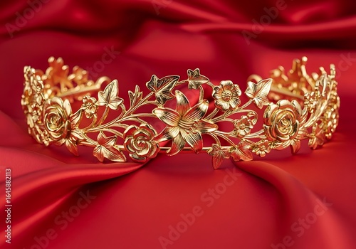 Golden floral tiara resting gracefully on a lustrous red silk background surface