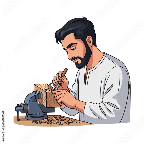 Focused bearded craftsman in a white shirt carving a wooden block with a chisel, held in a vise.