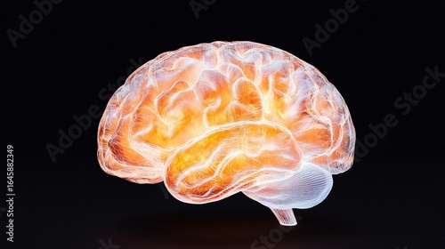 Detailed representation of a glowing AI brain processing information rapidly. showcasing neural activity and cognitive function in a dark background, technology and digital speed concept