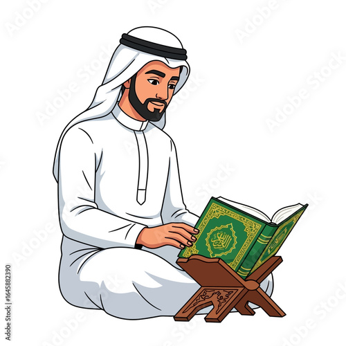 Illustration of a bearded Arab man in a white thobe and ghutra, sitting and reading the holy Quran.