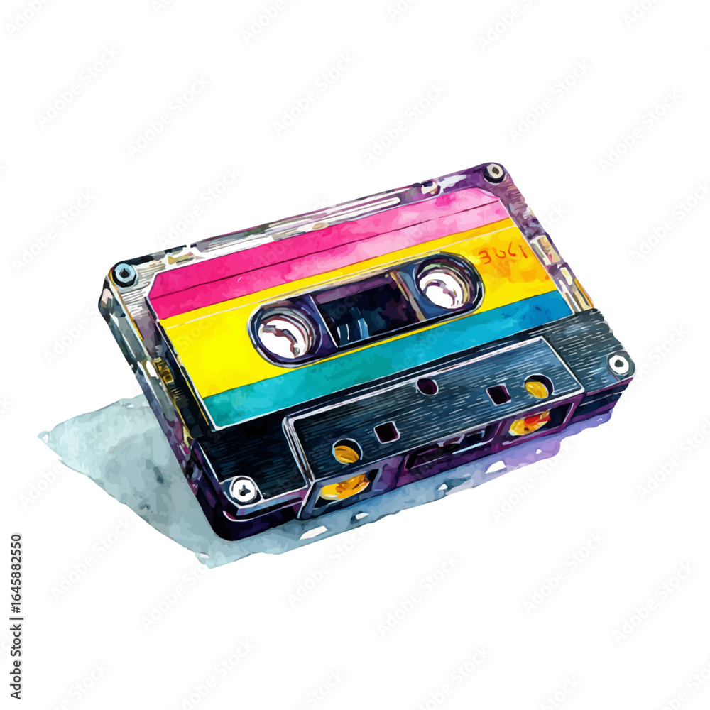 Obraz premium Cassette Tape, watercolor painting, vector illustration, isolated on a white background.