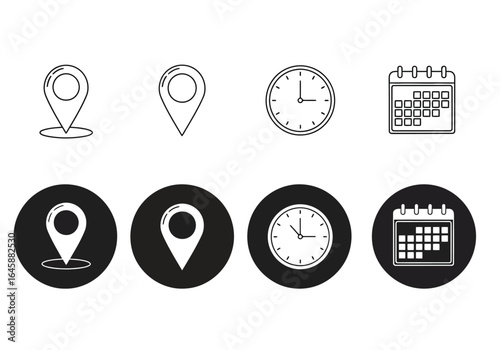 Location pins, clocks, and calendars in outline and solid styles isolated on white background