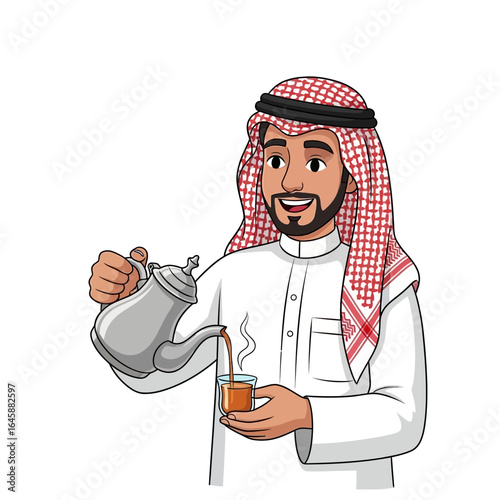 Smiling Arab man in traditional thobe and ghutra pouring hot coffee from a silver dallah.