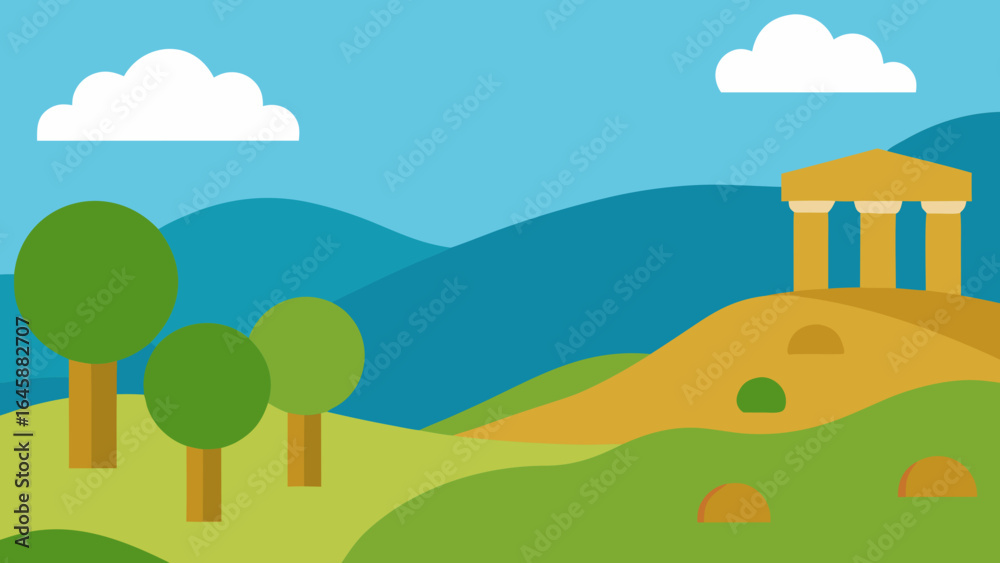 Fototapeta premium Green cartoon landscape with summer hills, trees, and clouds in the countryside
