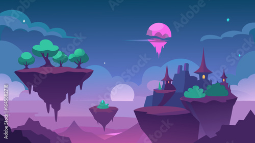 A serene night sky with moon and stars illuminating a tranquil city landscape