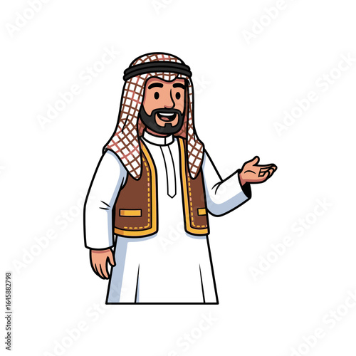 Smiling cartoon Arab man in traditional ghutra and vest, with a welcoming hand gesture.
