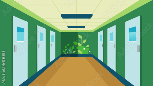 The interior of a modern building features an empty corridor with light from a large window shining on the new parquet floor