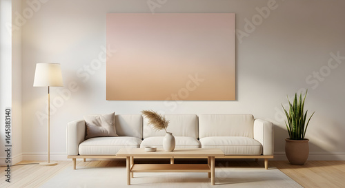 Modern Interior with Large Gradient Canvas Above Neutral Couch and a wooden coffee table with minimalist decor and a potted plant for a serene, modern aesthetic