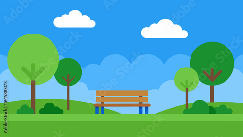 A scenic landscape illustration of a wooden bench under a tree on a green hill with a beautiful sky