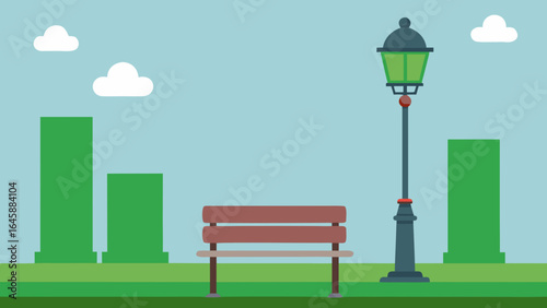 Vector illustration of a modern building with a wooden bench in a park with a city in the background
