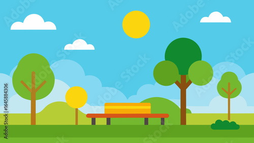 Vector cartoon landscape of a green spring meadow with a single tree under a blue sky
