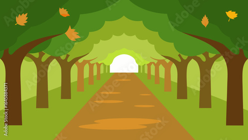 Path winding through an old autumn park with classical columns and a distant church
