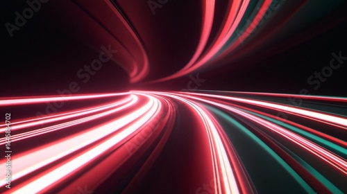 Bright trails of light representing fast data transfer illuminating a dark tunnel creating a sense of movement, technology and digital speed