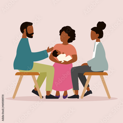 Black family with a baby talking to a social worker for advice, support and assistance on an isolated background. African American mom and dad with a child getting help during a meeting with an agent