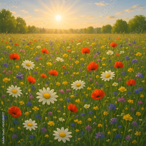 Summer meadow with blooming wildflowers under blue sky