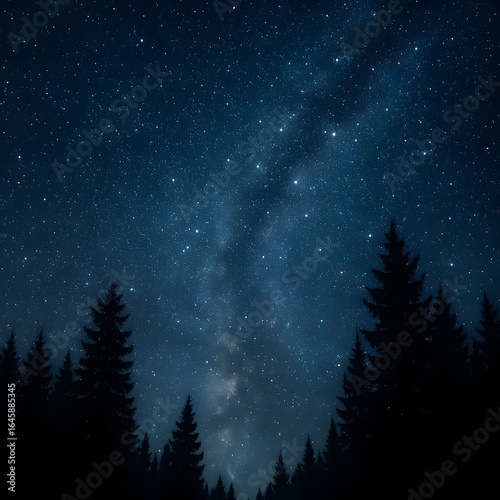 A breathtaking view of the starry night sky with the Milky Way stretching above a silhouette of pine trees.