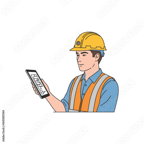 A construction worker in a hard hat and safety vest holding a tablet with blueprints on the screen