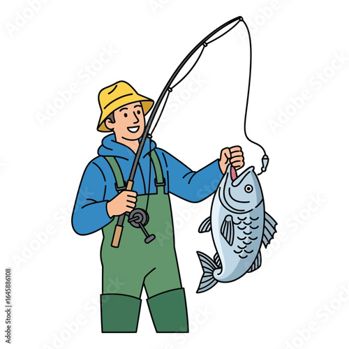 A smiling fisherman proudly displays a freshly caught fish, holding his fishing rod.