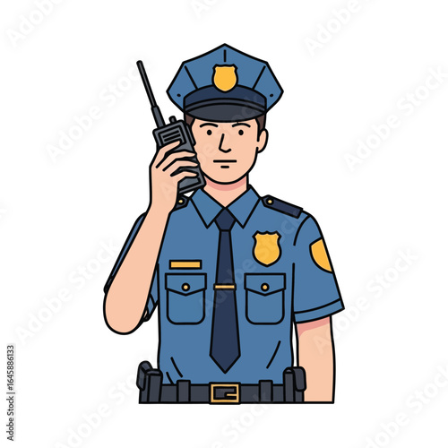 A stylized illustration of a police officer communicating via radio.
