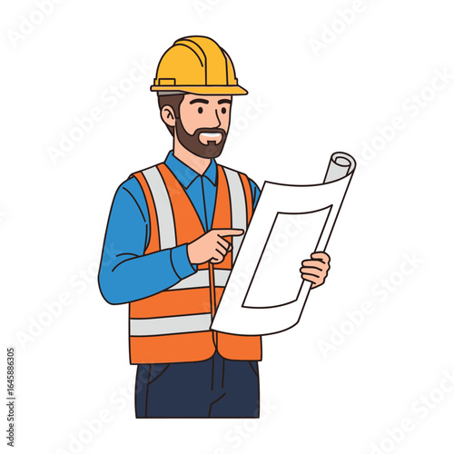 Illustrated construction engineer or foreman wearing a hard hat and vest, examining building plans. Industrial project management concept vector art.
