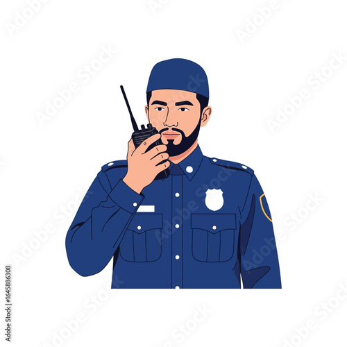 Muslim security guard in a blue uniform communicating on a portable radio. Vector illustration of a diverse law enforcement officer.