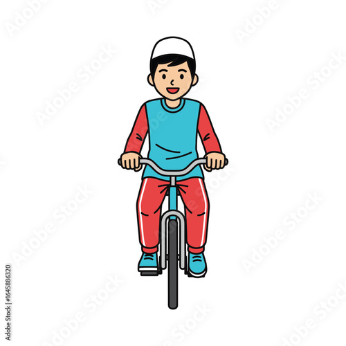 Vector illustration of a young Muslim boy in a kufi cap riding a bicycle. Isolated character design for children's activities and lifestyle concepts.