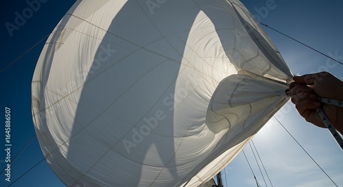Close-up of a white sail being adjusted by a hand against a bright blue sky and sun.