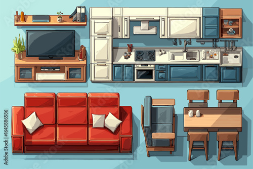 Modern Kitchen and Living Room Interior Vector Design with Furniture Elements
