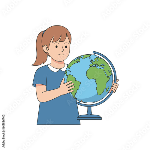 A young girl with a ponytail holds a globe, smiling as she explores geography and learning.