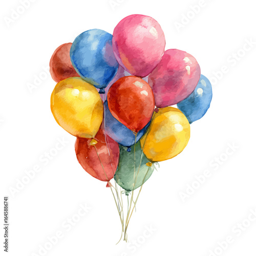 A watercolor painting of Birthday Balloons Cluster, vector illustration on white background.