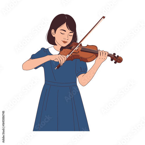 A young girl in a blue dress plays a violin with a focused expression.