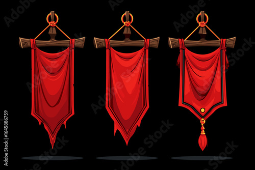 Set of Three Hanging Red Banners with Decorative Elements