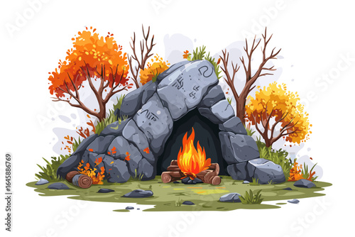 Cozy Stone Cave with Fire and Autumn Trees in a Cartoon Style