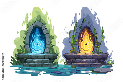 Fantasy Portal Design: Mystical Blue and Fiery Orange Gates with Nature Elements