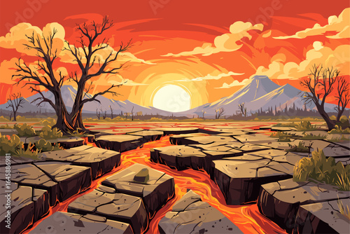 Dramatic Sunset Over a Volcanic Landscape with Lava Flow and Barren Trees