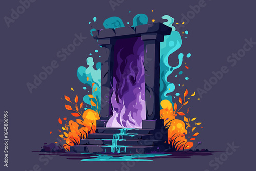 Mystical Portal with Colorful Flames and Vivid Surroundings