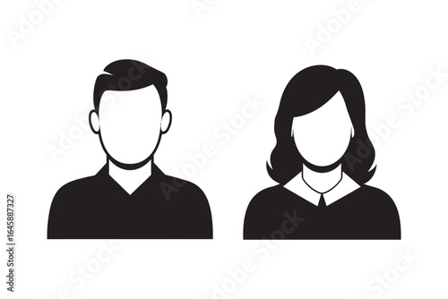 Simple man and woman avatar icons for user profiles. Black silhouette of male and female heads and shoulders, vector design.