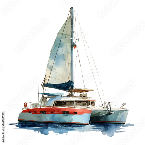Catamaran, watercolor painting, vector illustration, isolated on a white background.