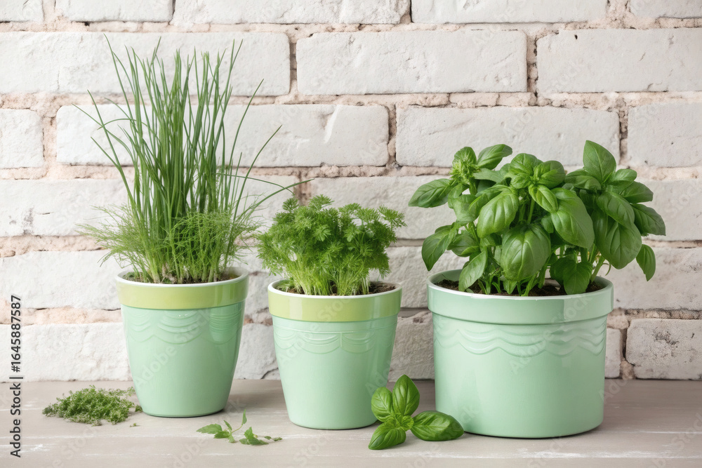 Fototapeta premium charming soft-colored pots filled with chives, basil, and dill, placed against a textured brick wall.