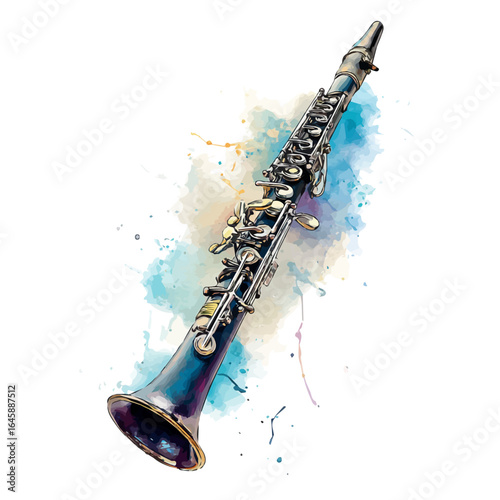Clarinet in watercolor style, vector illustration, isolated on white background.
