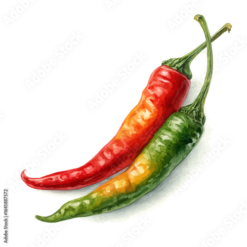 Chili Pepper, watercolor painting, vector illustration, isolated on a white background.