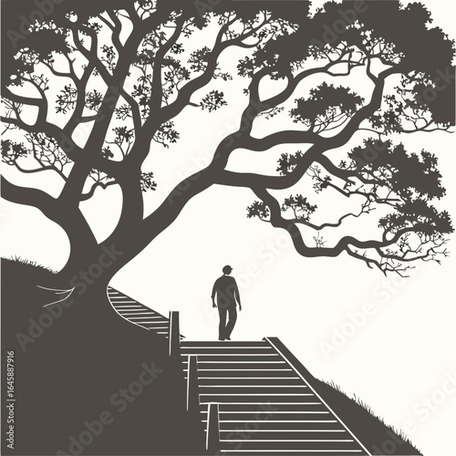 Abstraction of human growth as a personality. double exposure of a tree, stairs up and a person
